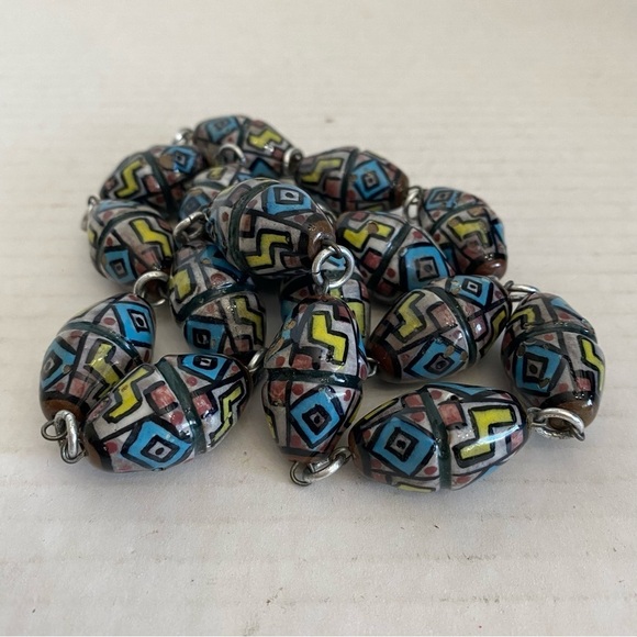 Vintage Hand Painted Glazed Clay Art Chunky Bead Necklace - Picture 15 of 16